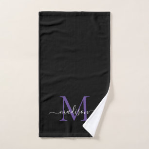 Elegant Simple Black Purple Monogram Script Name ハンドタオル