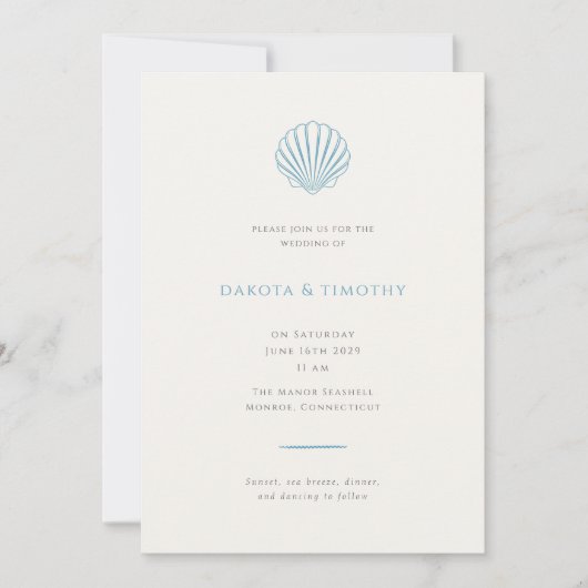 Elegant Simple Blue Seashell Wedding invitation 招待状 (正面)