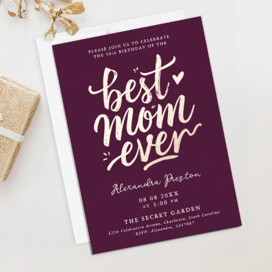 Elegant Simple Burgundy Best Mom Bday Celebration 箔招待状