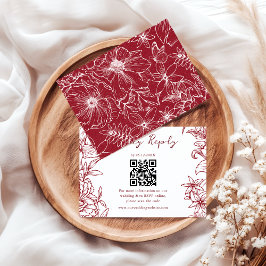 Elegant Simple Burgundy Floral QR Code Wedding 出欠カード