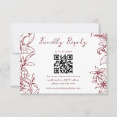 Elegant Simple Burgundy Floral QR Code Wedding 出欠カード (正面)