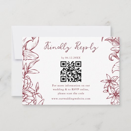 Elegant Simple Burgundy Floral QR Code Wedding 出欠カード (正面)