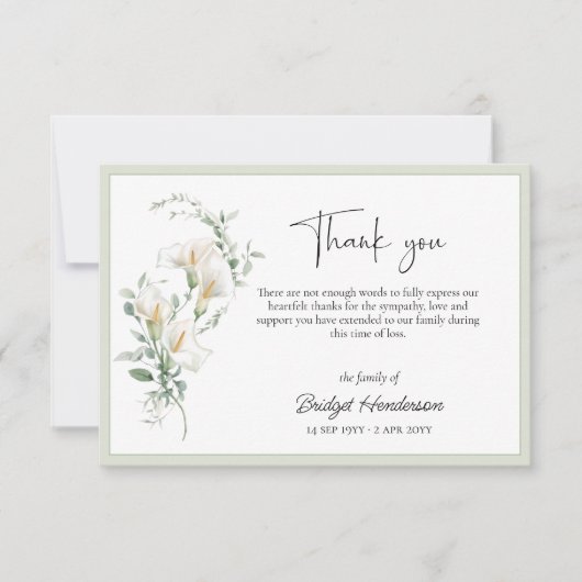 Elegant Simple Calla Lily Eucalyptus Sympathy サンキューカード (正面)