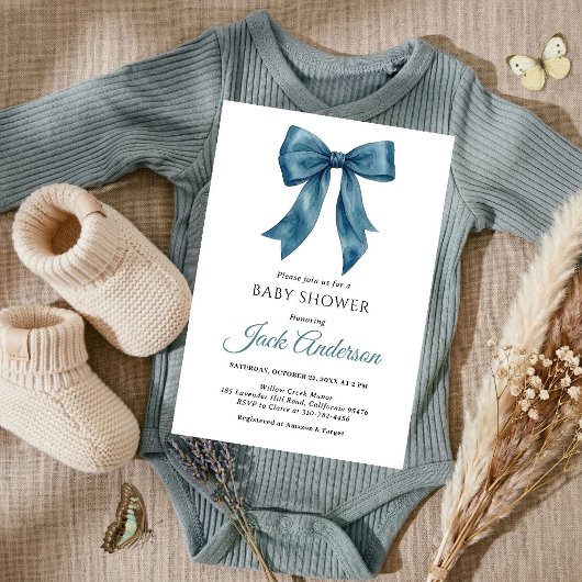 Elegant Simple Chic Blue Bow Boy Baby Shower  招待状