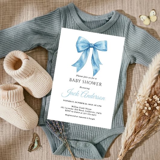 Elegant Simple Chic Blue Bow Boy Baby Shower  招待状