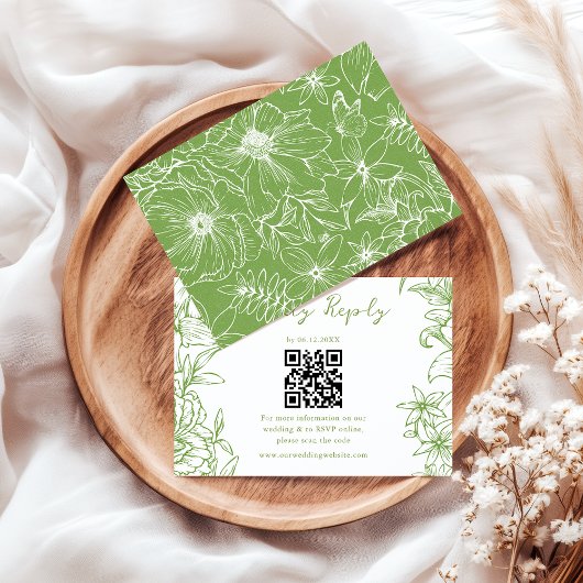 Elegant Simple Citrus Green Floral QR Code Wedding 出欠カード