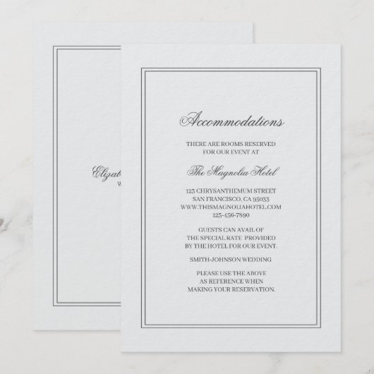 Elegant Simple Classic White Wedding Accommodation 招待状 (正面/裏面)