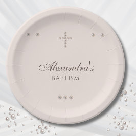 Elegant Simple Cross Christening Christian Baptism ペーパープレート