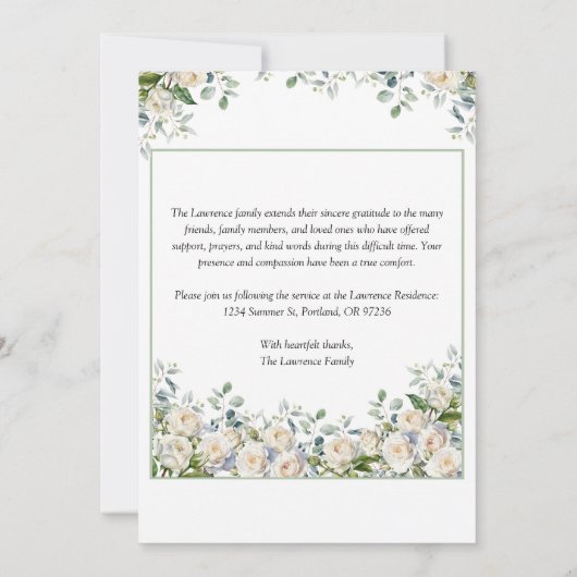 Elegant Simple Eucalyptus White Rose Photo Funeral 招待状 (裏面)