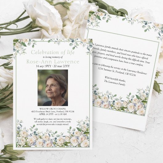 Elegant Simple Eucalyptus White Rose Photo Funeral 招待状