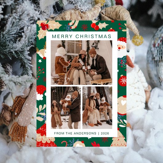 Elegant Simple Frame Christmas Family 3 Photo シーズンカード