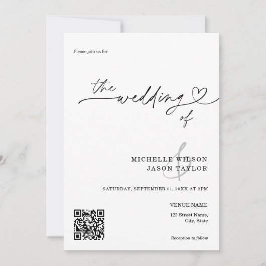 Elegant Simple Minimalist Black and White QR Code 招待状 (正面)