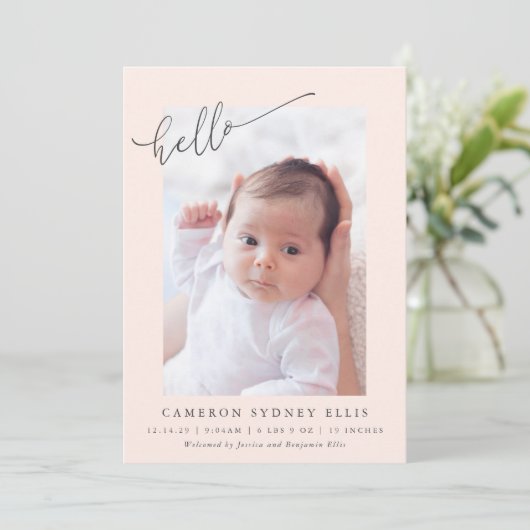 Elegant Simple Minimalist Hello Blush Photo Birth 案内状 (スタンド正面)