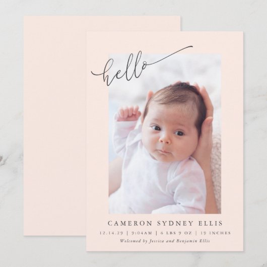 Elegant Simple Minimalist Hello Blush Photo Birth 案内状 (正面/裏面)
