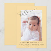 Elegant Simple Minimalist Hello Yellow Photo Birth 案内状 (正面/裏面)