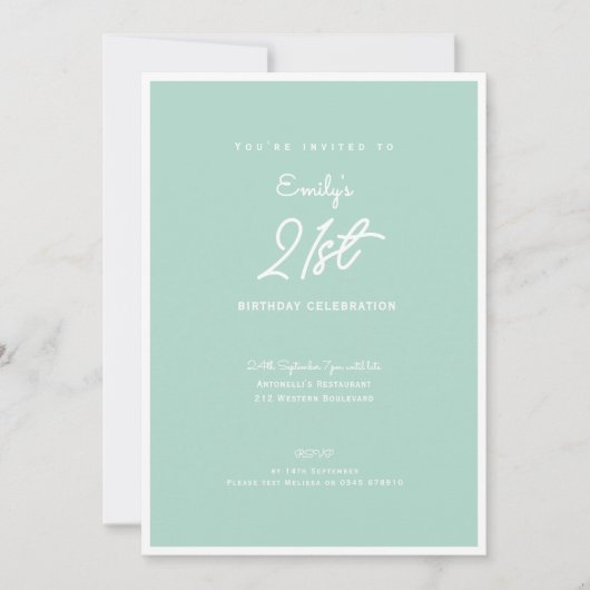 Elegant Simple Modern Mint 21st Birthday Party 招待状 (正面)