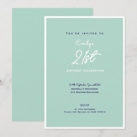 Elegant Simple Modern Mint 21st Birthday Party 招待状 (正面/裏面)