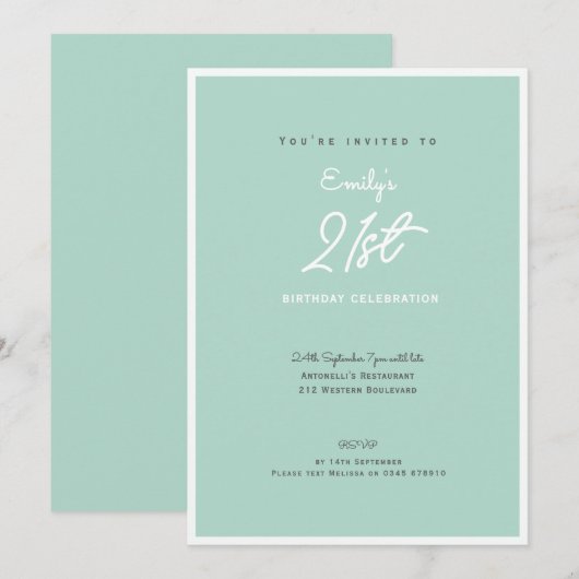 Elegant Simple Modern Mint 21st Birthday Party 招待状 (正面/裏面)