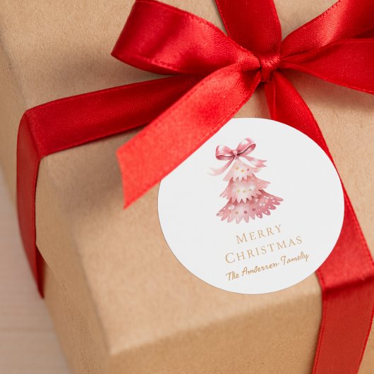 Elegant Simple Modern Pink Christmas Tree  ラウンドシール