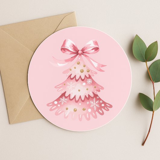Elegant Simple Modern Pink Christmas Tree Holiday ラウンドシール