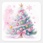 Elegant Simple Modern Pink Vintage Christmas Tree スクエアシール (正面)
