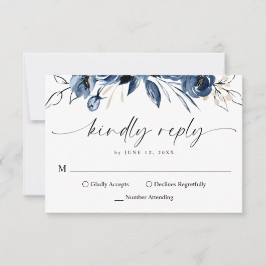 Elegant Simple Navy Blue Calligraphy Script 出欠カード (正面)