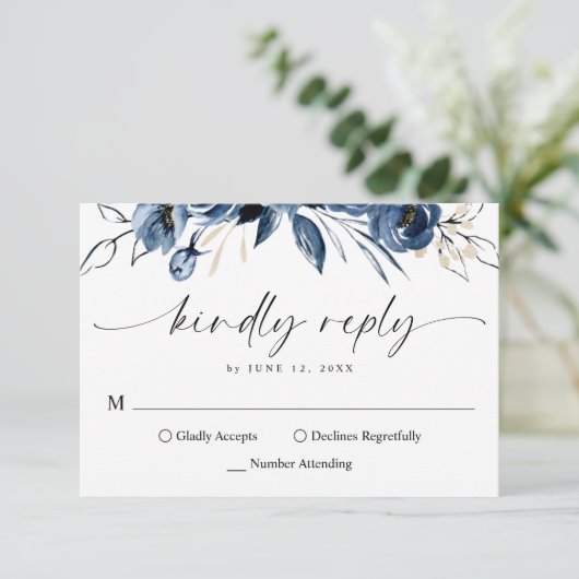 Elegant Simple Navy Blue Calligraphy Script 出欠カード (スタンド正面)
