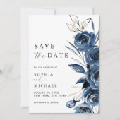 Elegant Simple Navy Blue Watercolor Wedding  セーブザデート (正面)