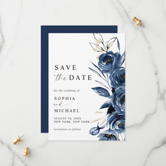 Elegant Simple Navy Blue Watercolor Wedding  セーブザデート (正面/裏面インサイチュ)