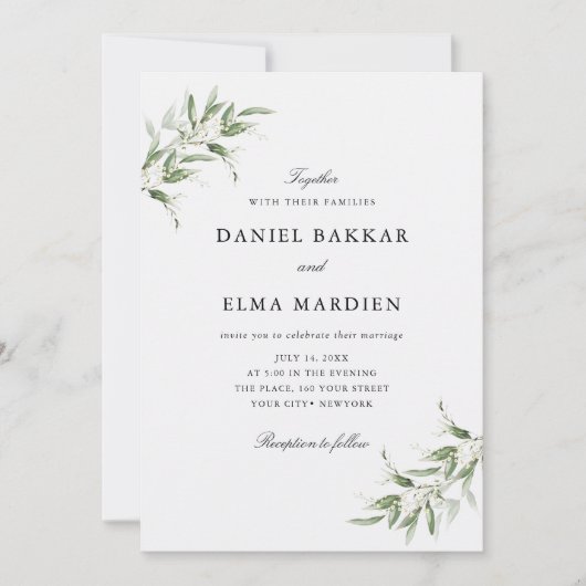 Elegant Simple Rustic Botanical Greenery Wedding 招待状 (正面)