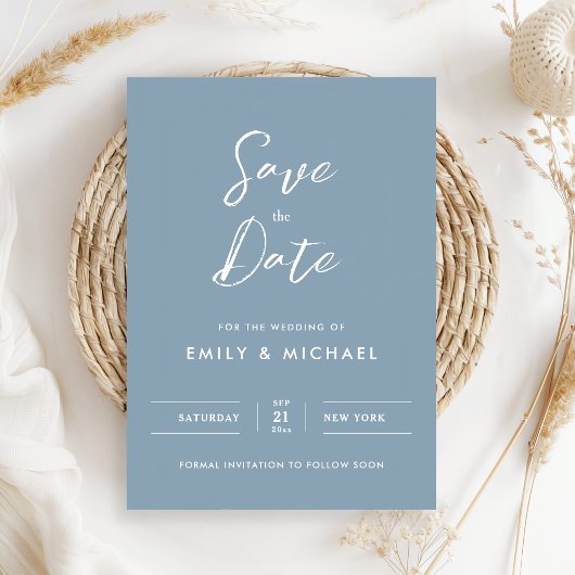 Elegant Simple Script Dusty Blue Wedding セーブザデート