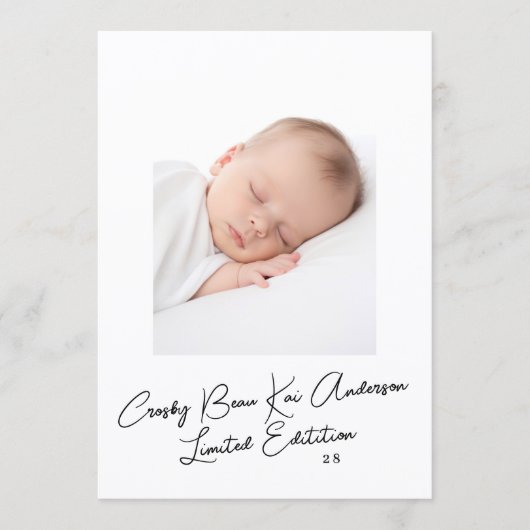 Elegant Simple Script Photo Baby Birth 案内状 (正面)