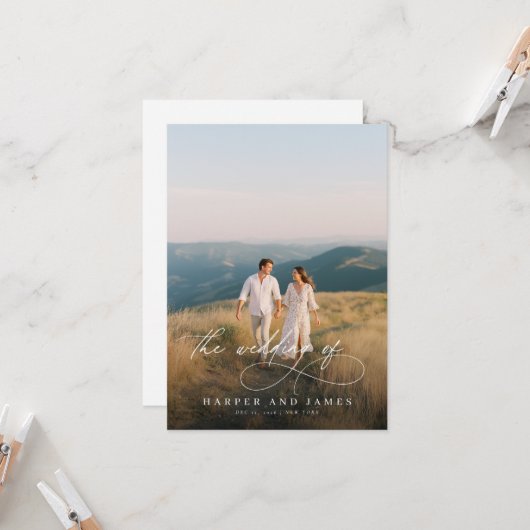 Elegant Simple Script QR Code Budget Photo Wedding 招待状 (正面/裏面インサイチュ)