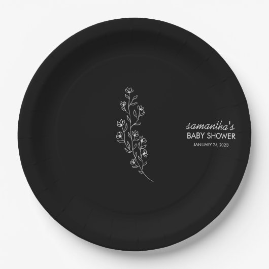 Elegant Sketchy Handdrawn Black Flower ペーパープレート (正面)