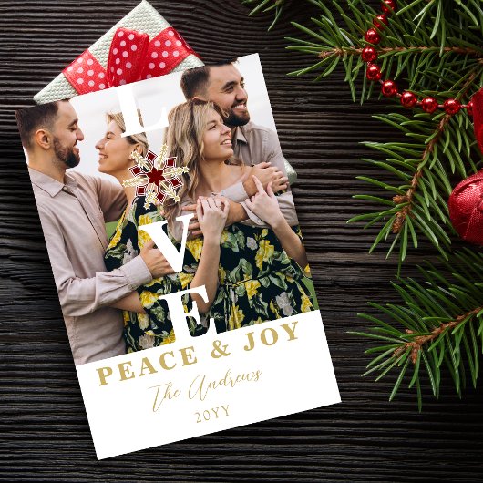 Elegant Snowflake Red & Faux Gold Minimal 2 Photos シーズンカード