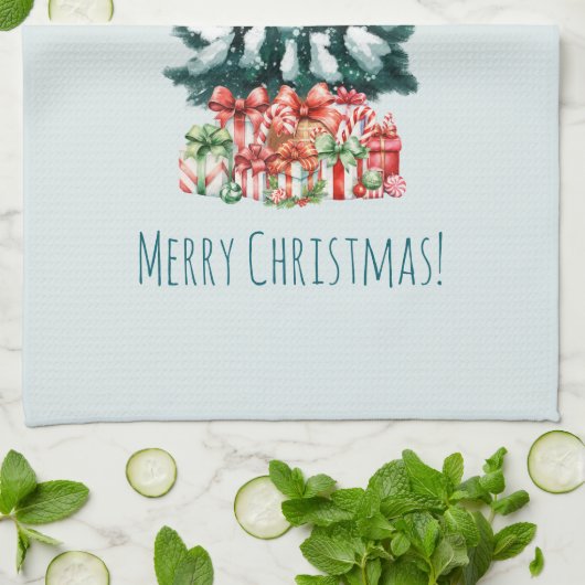 Elegant Snowy Christmas Tree キッチンタオル (折り畳み)