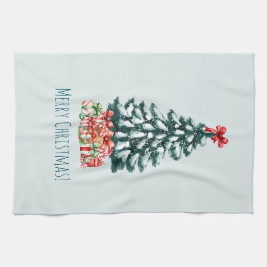 Elegant Snowy Christmas Tree キッチンタオル (横)