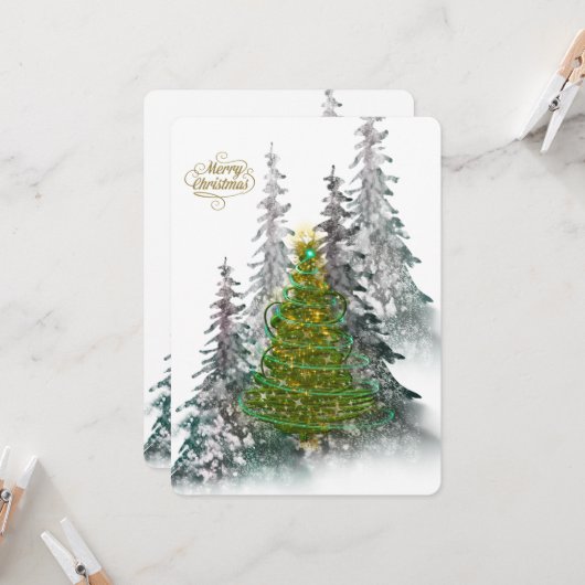 Elegant Snowy Forest Christmas Tree holiday Card 招待状 (正面/裏面インサイチュ)