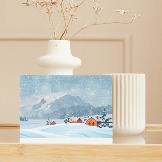 Elegant Snowy Mountain Village Foil Holiday Card 箔シーズンカード