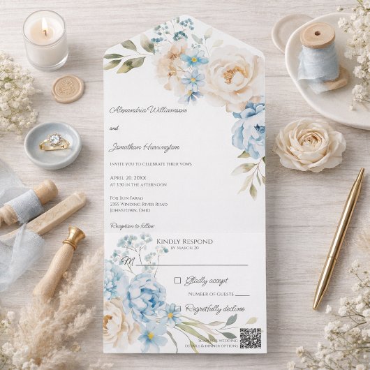 Elegant Soft Blue Floral Wedding オールインワン招待状