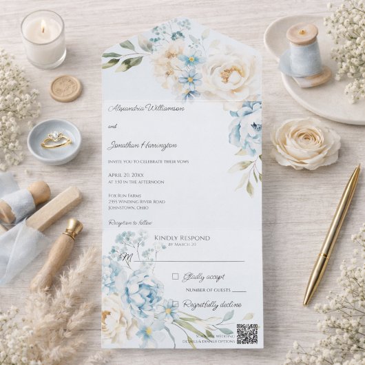 Elegant Soft Blue on Blue Floral Wedding オールインワン招待状