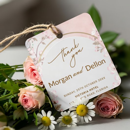 Elegant Soft Blush Pink Cherry Blossom Wedding フェイバータグ