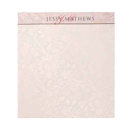 ELEGANT SOFT BLUSH ROSE GOLD DAMASK|名前とイニシャル ノートパッド (正面)