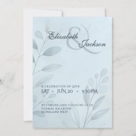 Elegant Soft Cool Blue Botanical Script Wedding  招待状