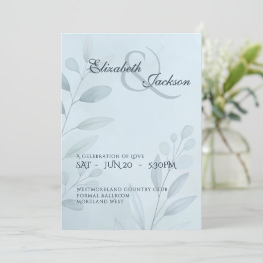Elegant Soft Cool Blue Botanical Script Wedding  招待状 (スタンド正面)