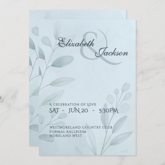 Elegant Soft Cool Blue Botanical Script Wedding  招待状 (正面/裏面)