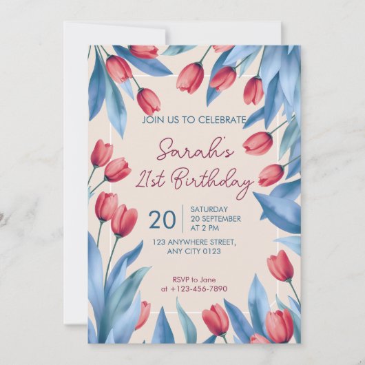 Elegant Soft Floral Tulip 21st Birthday Invitation 招待状 (正面)