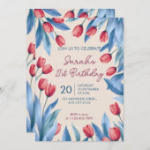 Elegant Soft Floral Tulip 21st Birthday Invitation 招待状 (正面/裏面)