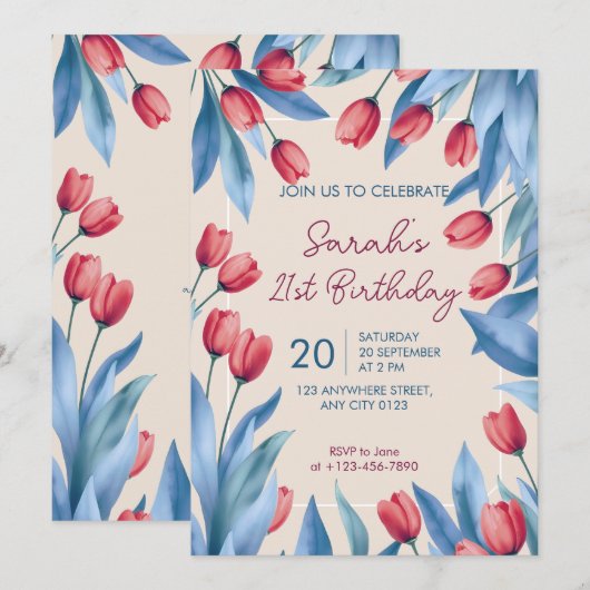 Elegant Soft Floral Tulip 21st Birthday Invitation 招待状 (正面/裏面)