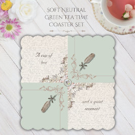 Elegant Soft Green Tea Time Literary Scalloped  ペーパーコースター